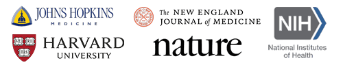 Logos de Johns Hopkins Medicine, The New England Journal of Medicine, Harvard University, Nature e National Institutes of Health